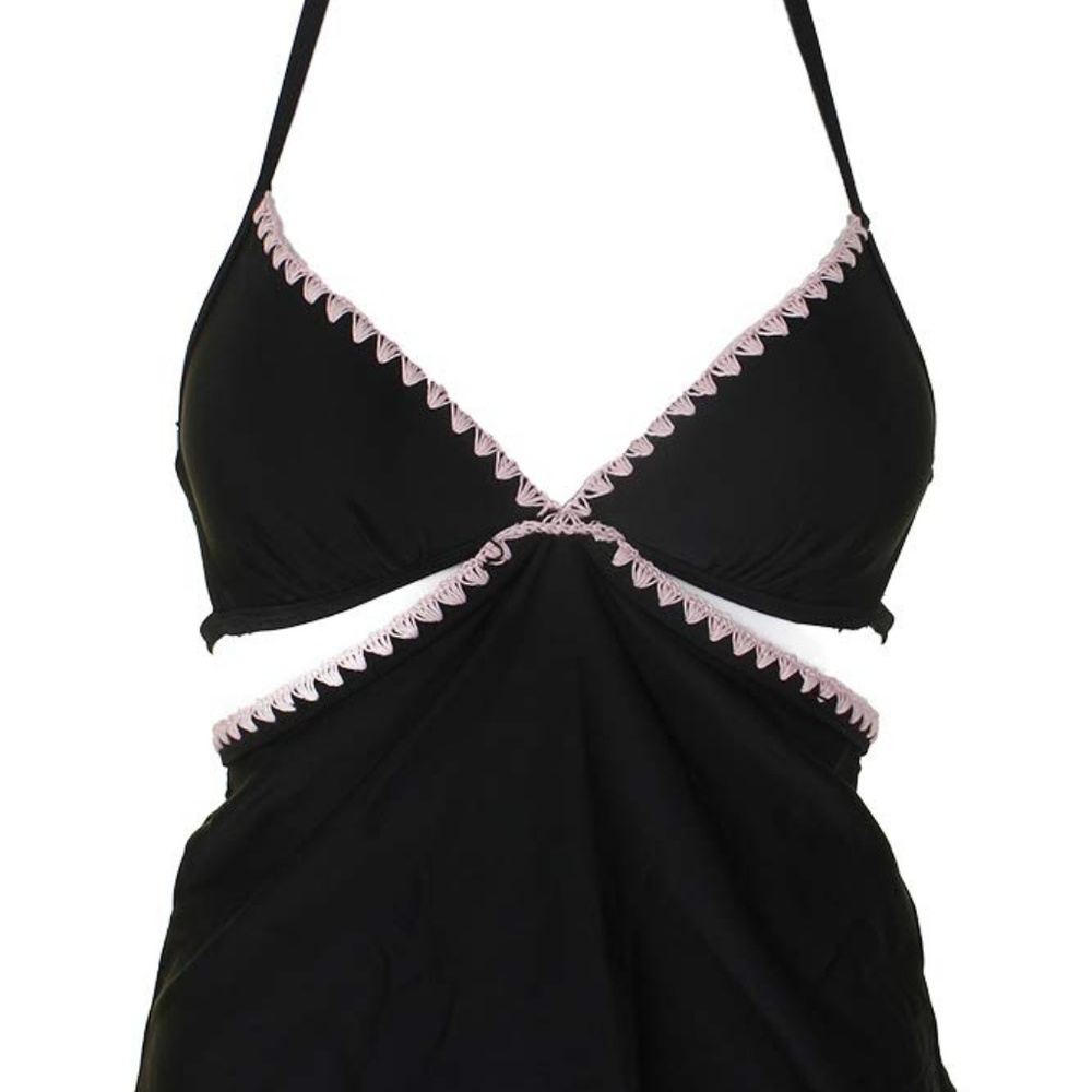 Black Pink Shell-Stitch Cutout Halter Tanini Top